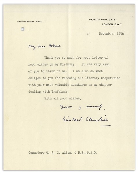 Winston Churchill Letter Signed, Regarding His Birthday & Also the Battle of Trafalgar Chapter in ''A History of the English-Speaking Peoples''